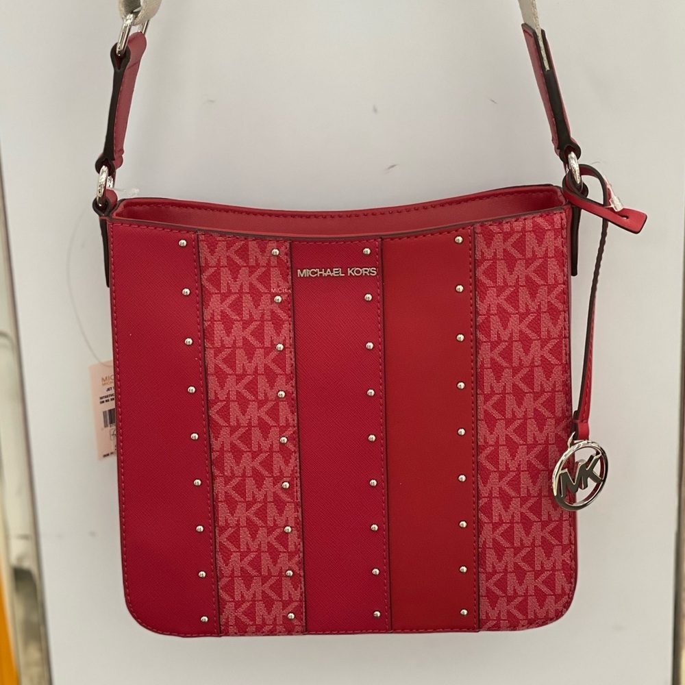 Michael Kors Jet Set Travel Small Crossbody Bag MK Dark Raspberry Studded - Picture 5 of 14